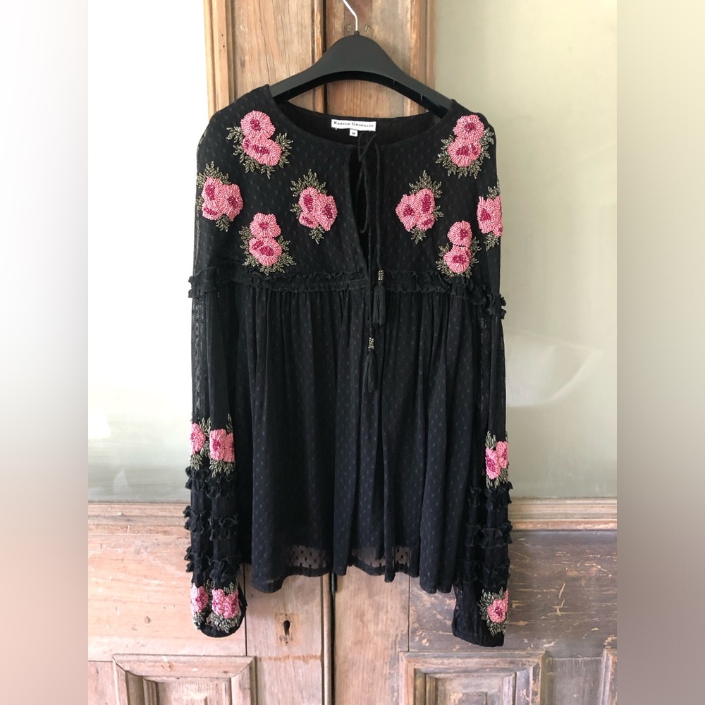 Black Floral Beaded Women's Top